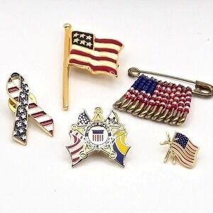 Patriotic American Flag Theme and Secret Service Enamel Bead Lapel Pin Set 5 Pcs